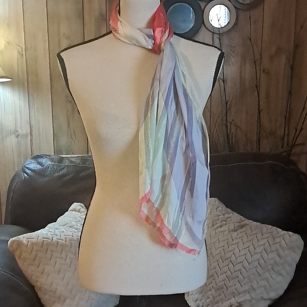 Oscar de la Renta Oblong Pastel Silk Scarf with Metallic Threads Frayed Vintage